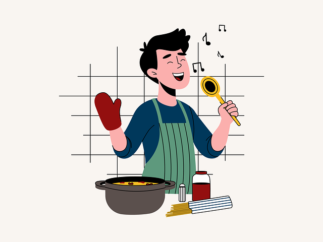 this is a photo of a cartoon man singing and cooking