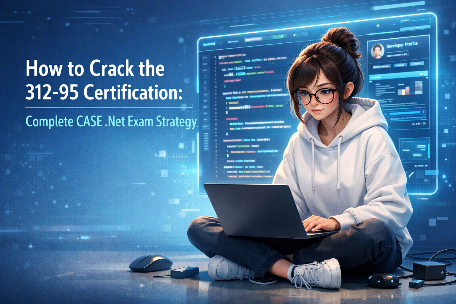 How to Crack the 312-95 Certification Complete CASE .Net Exam Strategy banner with female programmer coding in futuristic setup