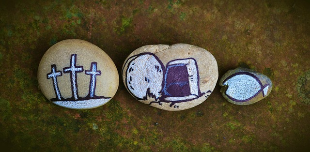 Painted Stones with crosses, a tomb, and a fish