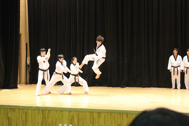 A picture of a person doing a taekwondo kick at people