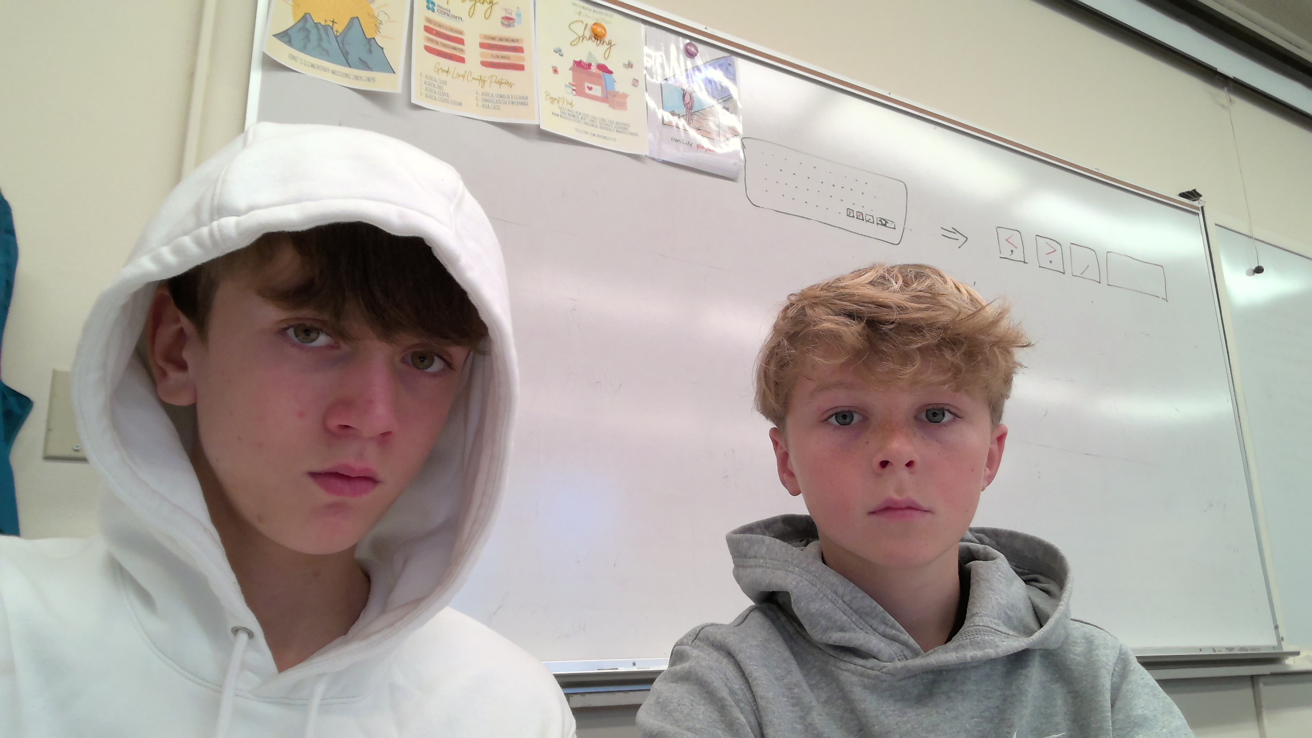 Boy with blonde hair and gray hoodie next to boy with dirty blonde hair in white hoodie.