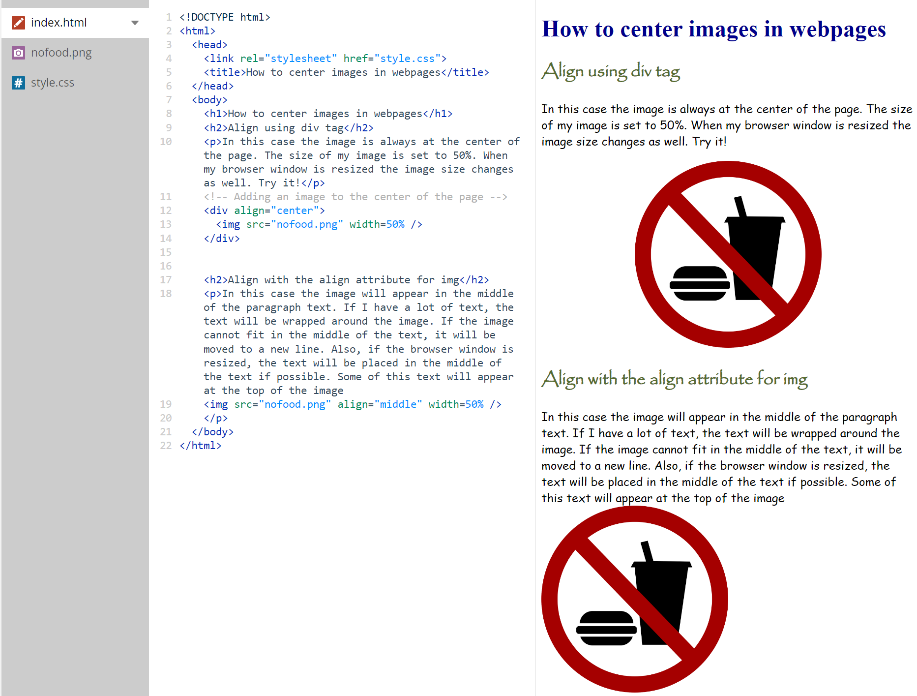 Code to center images