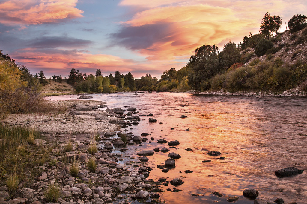 sunset on a pretty river view, out in the wilderness