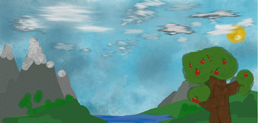 a apple tree next to a river