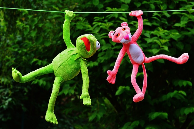 Stuffed animals on rope