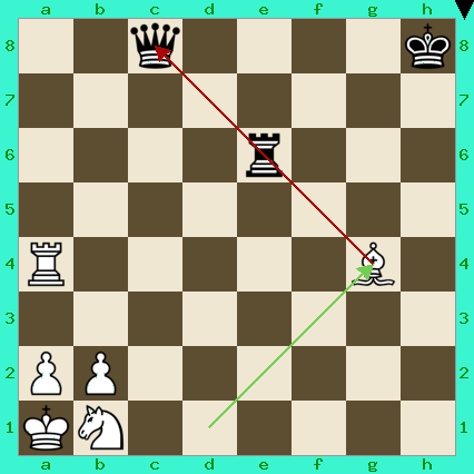 White pieces: King on a1, Rook on a4, Bishop on g4, Knight on b1, Pawns on a2 and b2. Black pieces: King on h8, Queen on c8, Rook on e6.