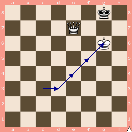 White pieces: King on c3, Queen on e7. Black pieces: King on g8.