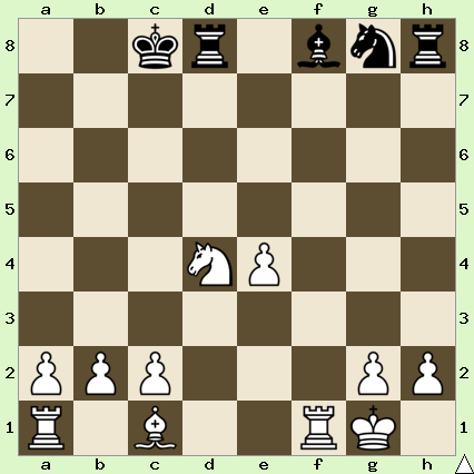 White pieces: King on g1, Rooks on a1 and f1, Bishop on c1, Knight on d4, Pawns on a2, b2, c2, e4, g2, and h2. Black pieces: King on c8, Rooks on d8 and h8, Bishop on f8, Knight on g8.