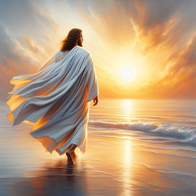 Jesus standing in front of an ocean looking at it