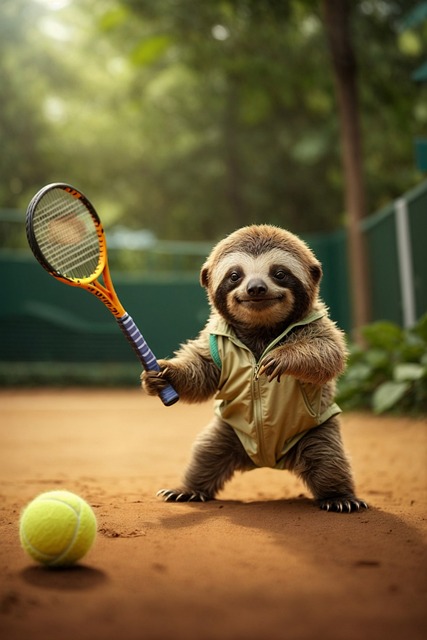 a sloth holding a tennis racket at a tennis court