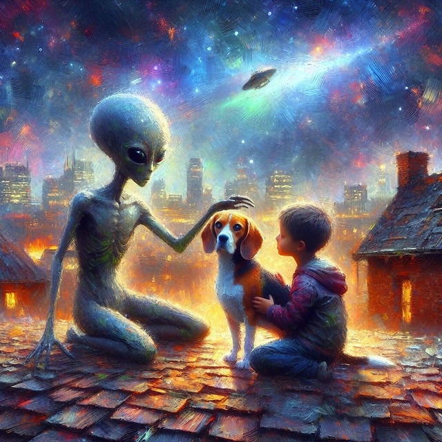 an alien petting a dog in the city at night