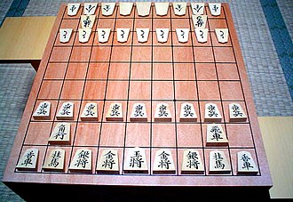 A Shogi board with the far side fliped on to the promoted side.