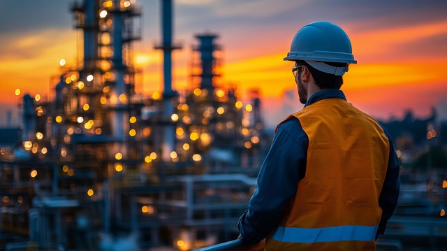 construction worker looking at building
