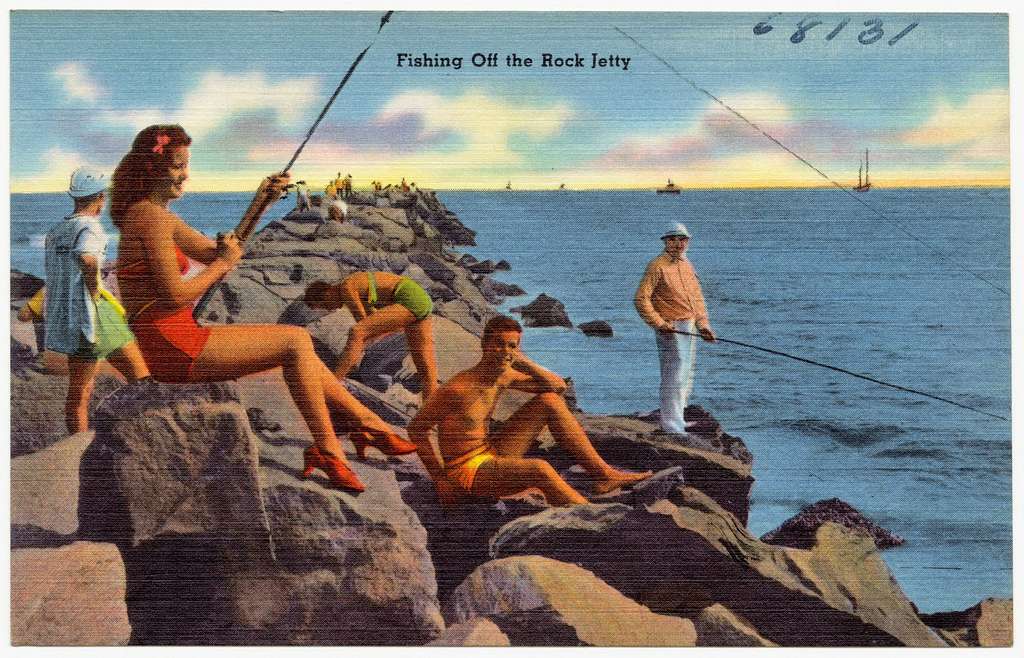 A stylistic painting of people in bathing suits fishing off a rock jetty