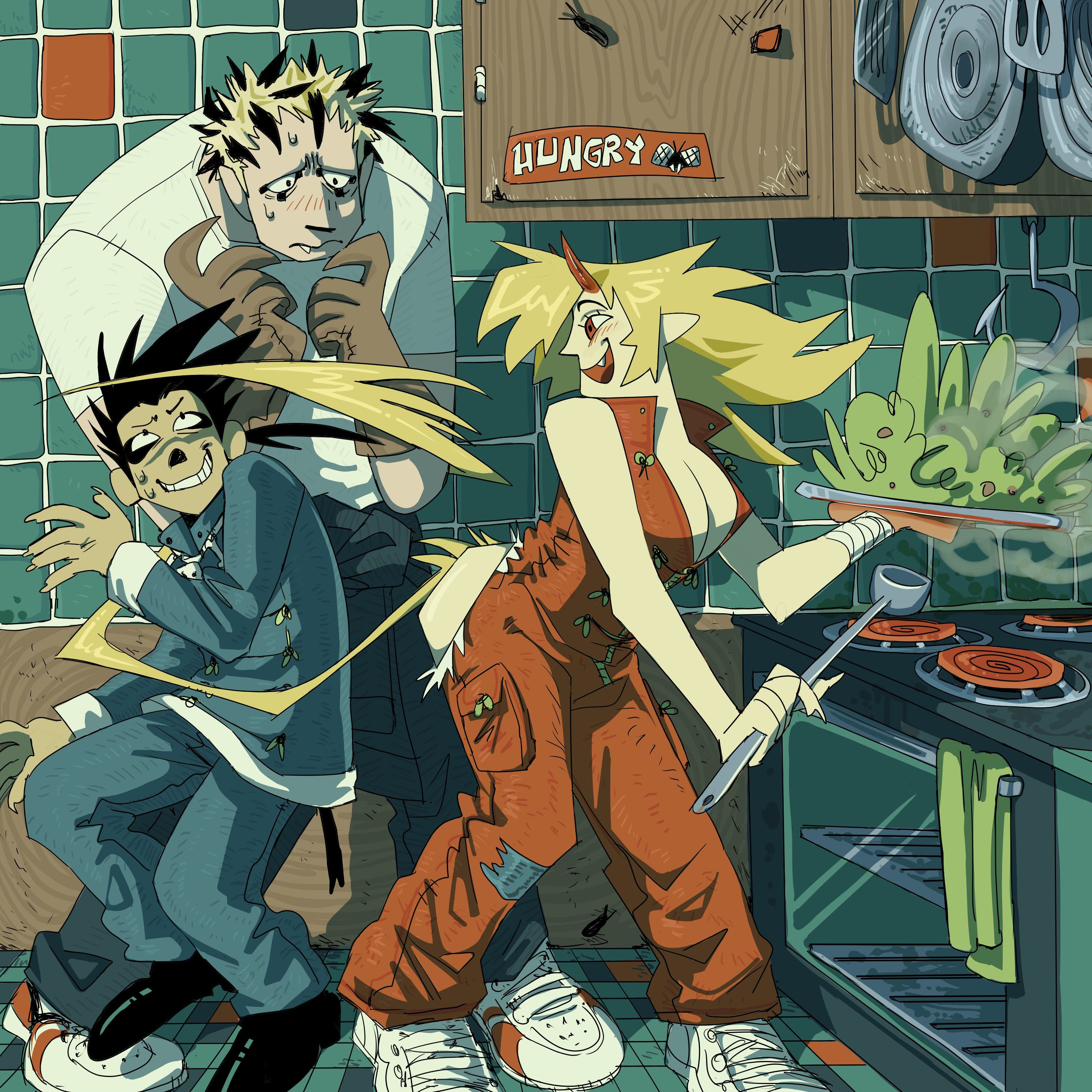  Three characters in a kitchen. Two males, one woman. The woman is named Nikaido and she is cooking some gross stuff and her ftiends aare helping by being her rat labs