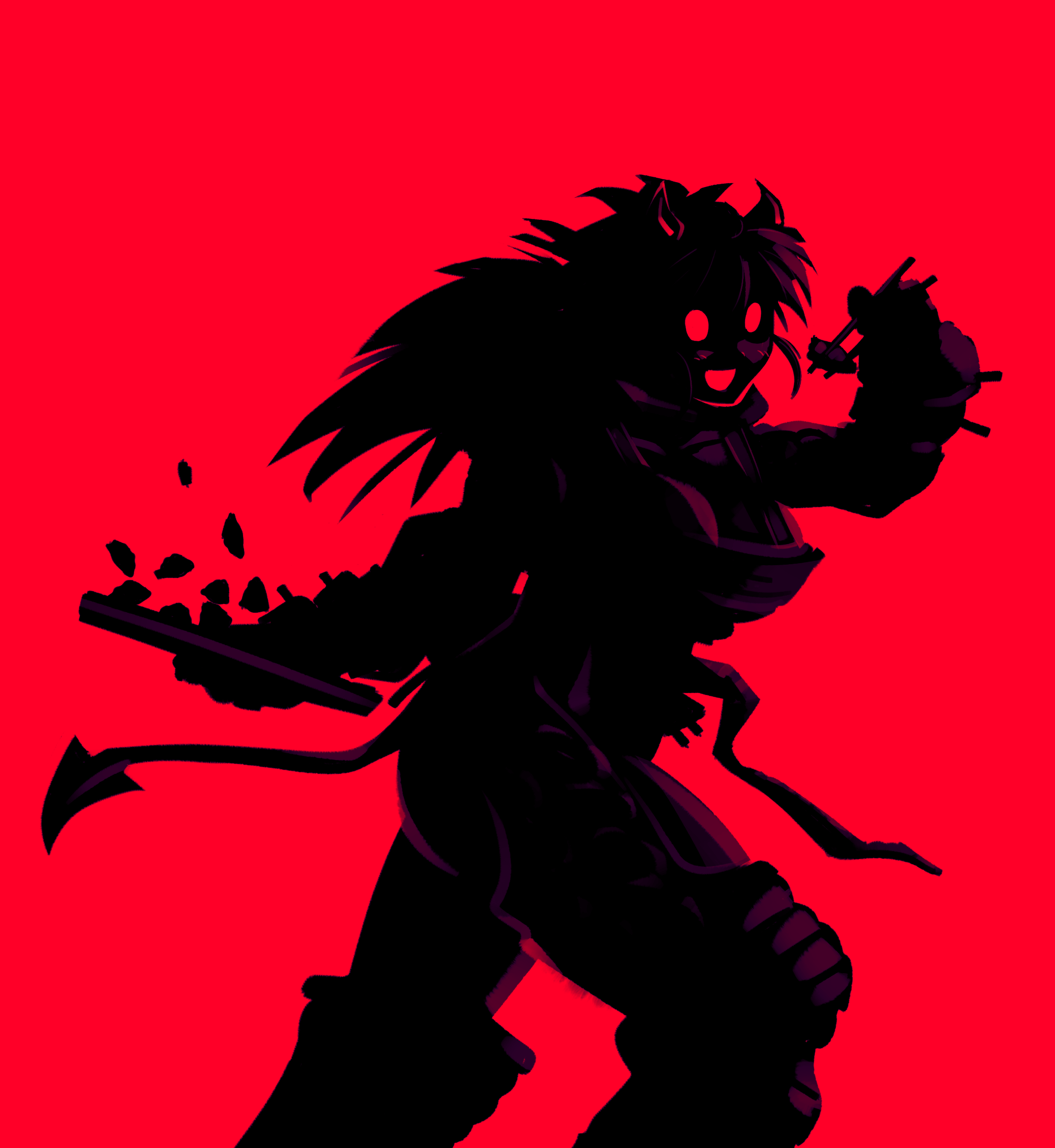  Nikaido with a plate of Goyas. Red background and her body is complete black, but there is purple lighting helping with the creation of profundity