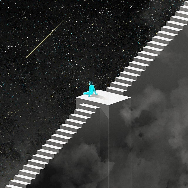 a person sitting on stairs above space