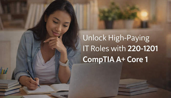 Student preparing for 220-1201 CompTIA A+ Core 1 certification to unlock high-paying IT roles