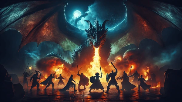 Adventurers Fighting a Dragon