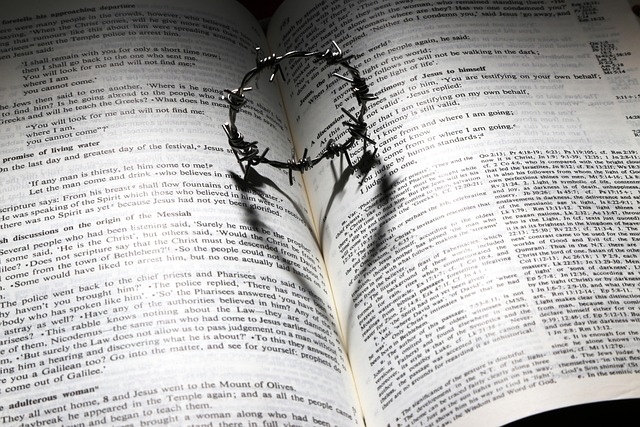 a picture of an open bible with a ring of thorns on top
