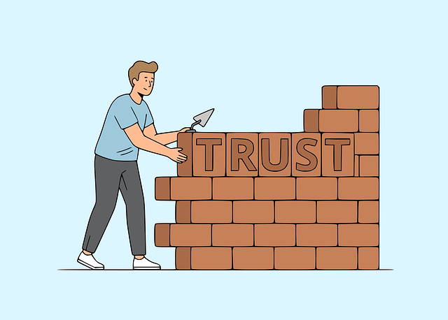 a cartoon guy building a wallthat say trust