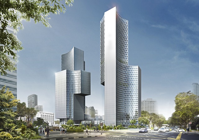 A picture of two futuristic buildings