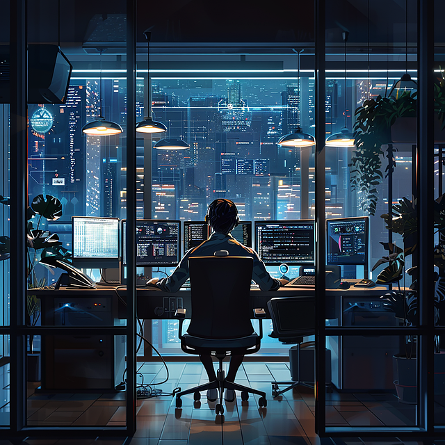High tech place man sitting in a desk who is doing work on 5 computers