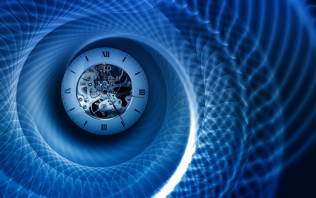 roman numeral clock with blue time strands revolving in a circule around it