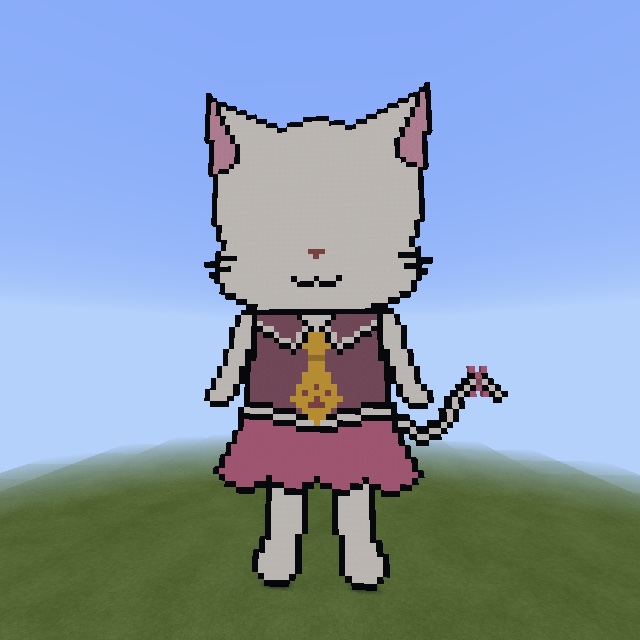 pixelated anthropomorphic white cat with no eyes, pink clothes such as a skirt and a sleevless shirt and a pink ribbon on the end of the tail and a yellow tie with a red pawprint