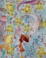 girl with floating fishes