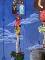 towers of junk with tinny people working together to climb up