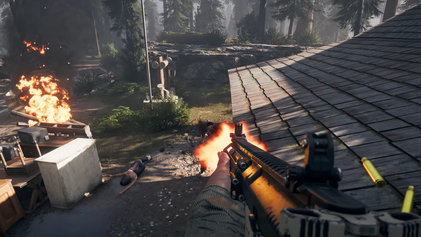 screenshot of the deputy shooting at cultist from atop a roof