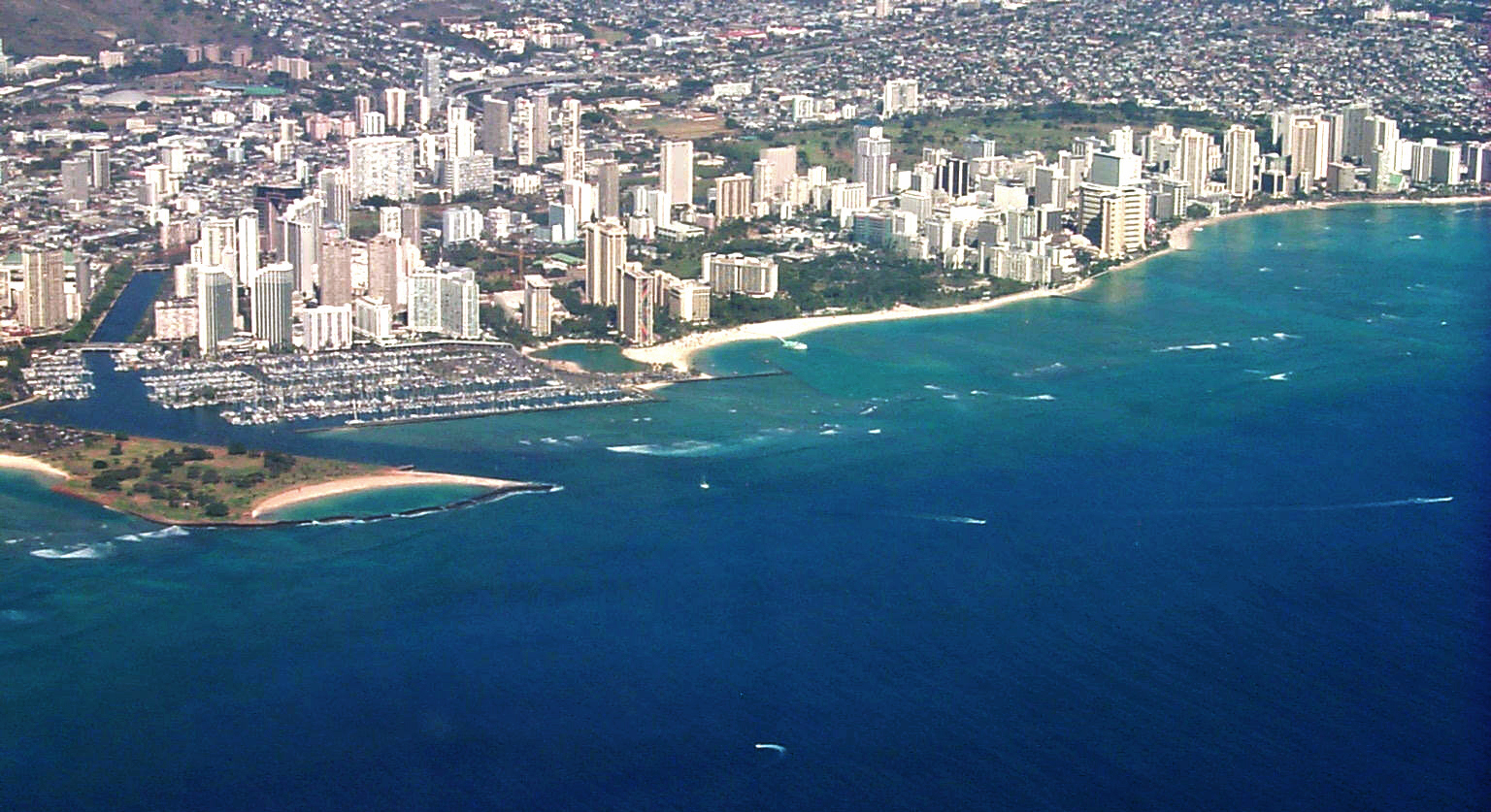 An ariel shot of Waikiki Beach and hotels in Hawaii