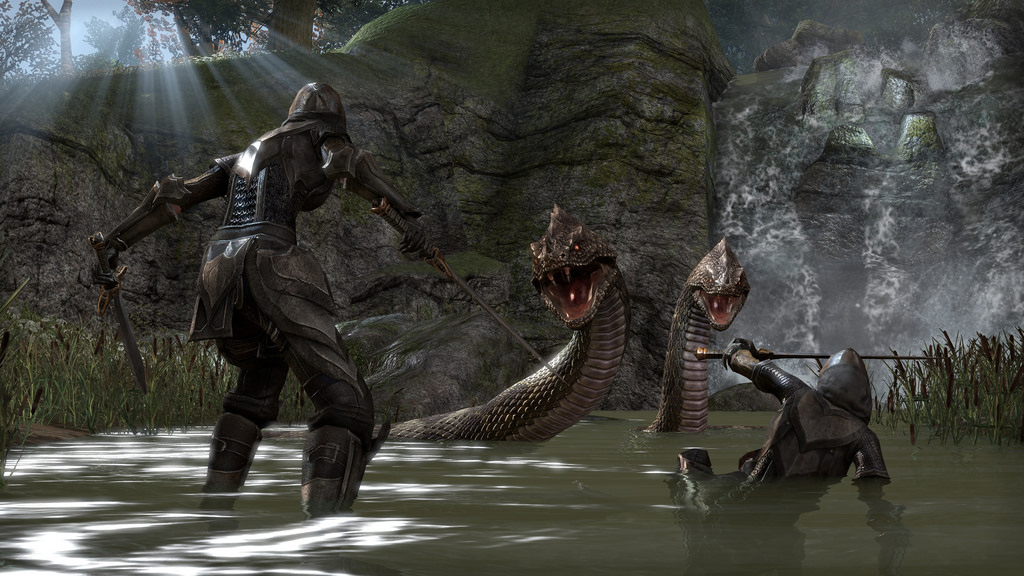Two cloaked females fighting two giant snakes.