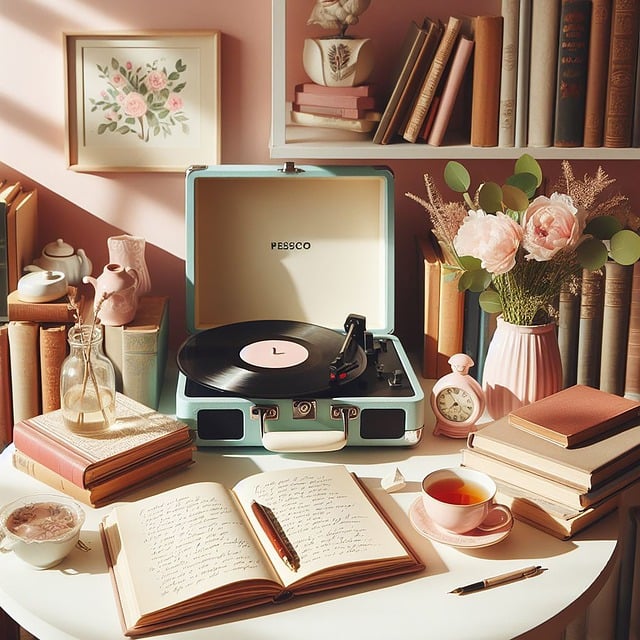 A record player and books